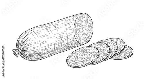 Detailed sketch of sliced salami showcasing its texture and composition in black and white
