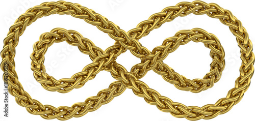 Braided Infinity Sign Made With Two Intertwined Golden Wheat Links Chains. Luxurious Symbol of Eternal Success and Elegance. 3D isolated illustration