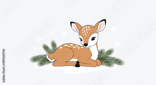 A cute little baby deer, or fawn, with white spots, lies peacefully on the snow amidst pine branches and falling snowflakes during winter.