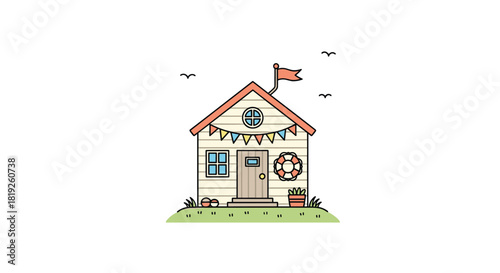 A charming cartoon beach hut decorated with a festive bunting and nautical elements, set on a grassy hill under a clear sky.