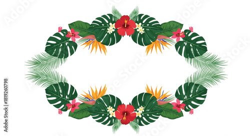 Symmetrical tropical floral frame with monstera leaves, hibiscus, and bird of paradise flowers, perfect for borders and decorations.