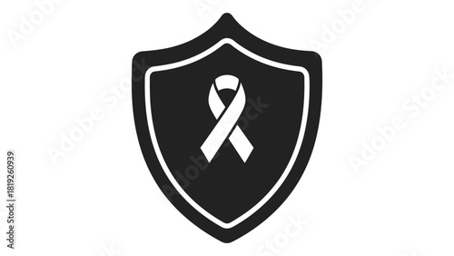 Shield with white awareness ribbon, symbolizing protection, support, and solidarity for health and social causes, isolat