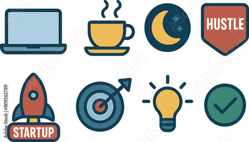 Startup hustle icons in flat design featuring coffee, rocket, and innovation