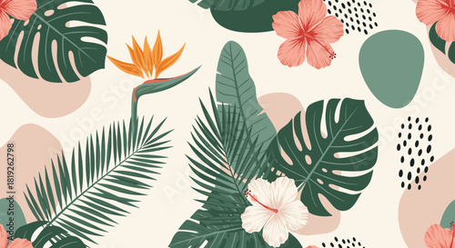 Beautiful seamless pattern featuring tropical flora like monstera, hibiscus, and bird of paradise, combined with abstract organic shapes.