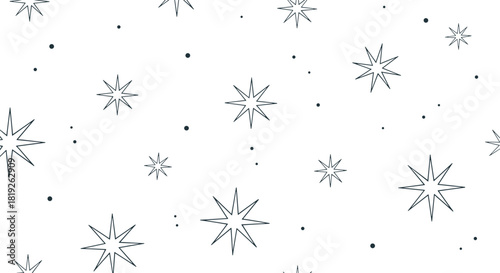 Seamless pattern of outlined eight-point stars and small dots on a clean white background, creating a minimalist celestial or festive design.