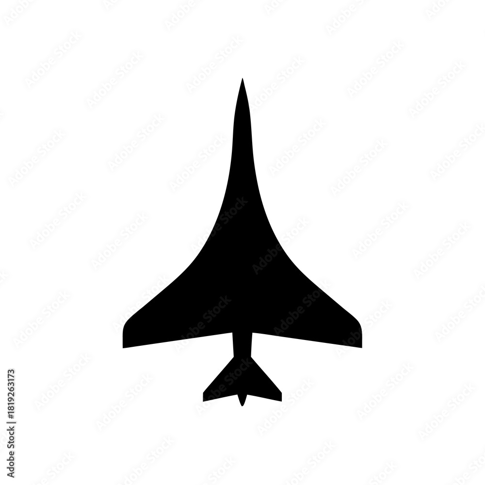 Fototapeta premium Sleek Black Silhouette Icon of a Supersonic Jet Aircraft Flying Upwards, Isolated on a Clean White Background