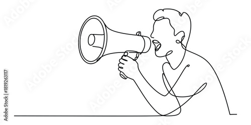 Single line art of man shouting with a megaphone, communication.