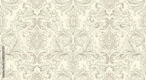 Elegant distressed seamless pattern with traditional damask and scroll motifs on a light cream background, offering a vintage wallpaper texture.