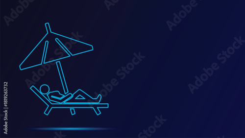 Bright Neon Outline Vector Icon Illustrating a Relaxing Person Enjoying a Tropical Summer Vacation on a Comfortable Lounge Chair Under a Protective Beach Umbrella Against a Deep Blue Backgro
