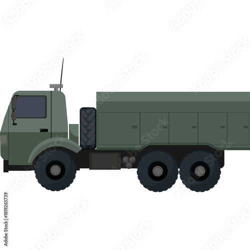 Olive Green Military Truck with Six Wheels and Spare Tire on Transparent Background