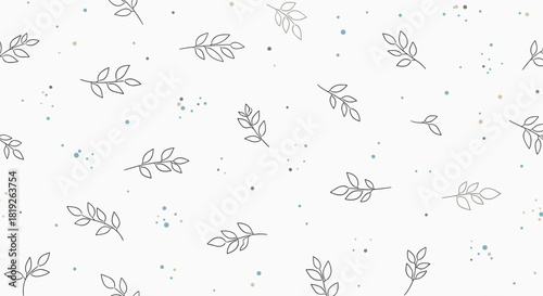 Delicate botanical seamless pattern with minimalist hand-drawn leafy branches and scattered pastel dots on a soft background, evoking a calm and natural feel.