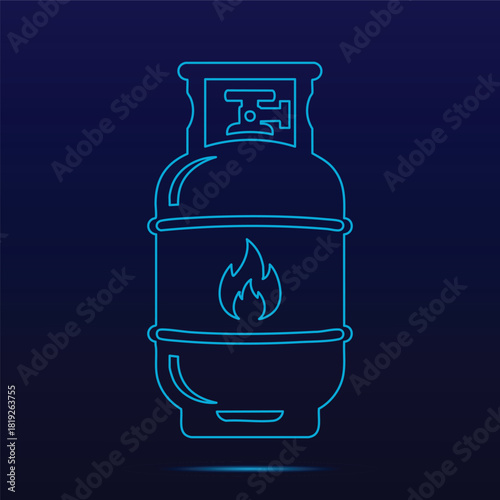 Bright Blue Neon Outline Vector Illustration Of A Portable LPG Gas Cylinder Tank With A Central Flame Symbol Representing Combustible Fuel And Energy Supply Services In A Modern Digital Styl