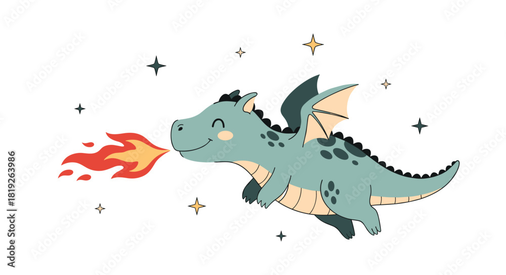 Fototapeta premium Cute teal cartoon dragon breathes fire while flying through a whimsical sky adorned with shimmering stars and magical elements.
