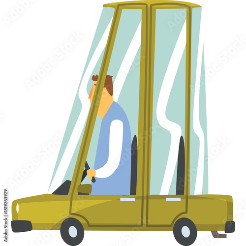 Man Driving A Yellow Car With Transparent Windows Through A Curvy Road With White Lines On A Clear Day