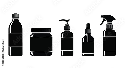 Variety of black cosmetic and cleaning product bottles in a flat lay style