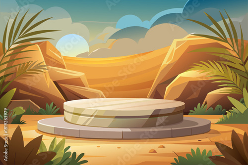 Stone platform display background with natural texture surface and warm light, beautiful minimalist scene ideal for product photography, modern branding visual effects,