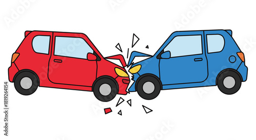 Cartoon illustration depicting a head on collision between two compact cars