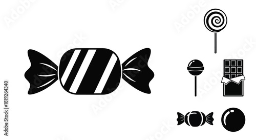 Black and white illustration of various candies and sweet treats