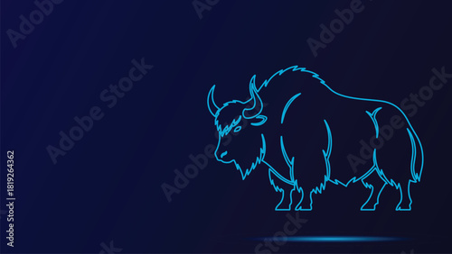 Majestic American Bison or Buffalo Animal Outline Vector Graphic Glowing Neon Blue Light Contour Line Art Illustration Standing on a Dark Navy Blue Background Design Element