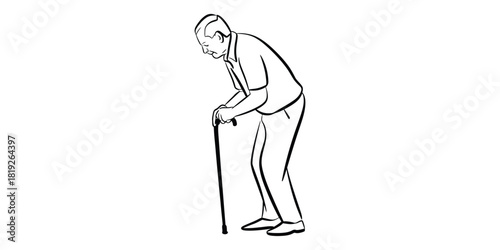 Elderly man walking with a cane, stooped posture, line art.