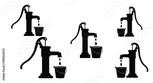 Simple black and white illustration of vintage water pumps with buckets