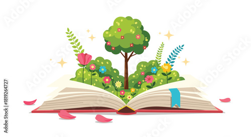 Magical open storybook with a vibrant green tree, blooming flowers, and lush bushes growing from its opened pages.
