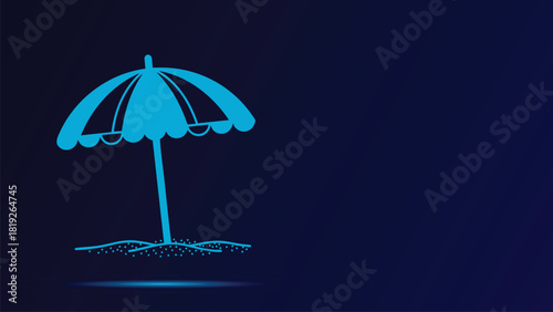 Stylized Blue Beach Umbrella Silhouette Vector Graphic Against a Deep Navy Background Representing Tropical Summer Vacation Relaxation and Seaside Travel Adventures Minimalist Design for Web