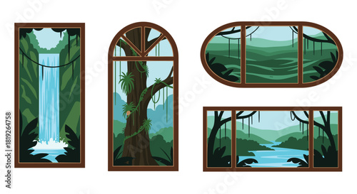 Collection of four windows of various shapes offering beautiful, scenic views into a lush tropical jungle and waterfall.