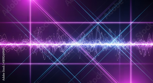 Vibrant Light Spectrum: A mesmerizing display of radiant light in shades of pink, purple, and blue forms an intriguing geometric grid, complemented by dynamic sound wave visualizations.