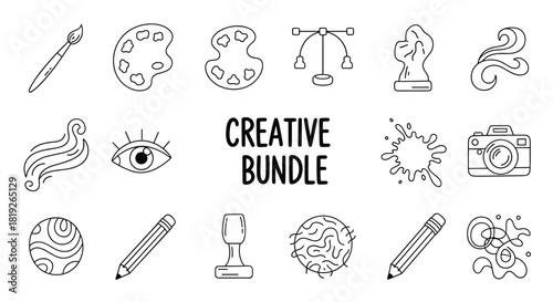 A creative bundle of seventeen art and design icons in a simple black and white line art doodle style.