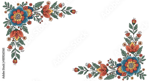 Colorful folk art floral corner borders with various flowers and leaves creating an elegant decorative frame for cards or invitations.