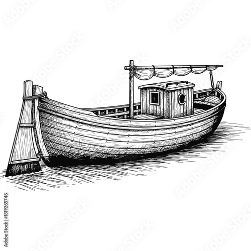 Vintage fishing boat sketch evokes nautical charm and coastal adventures on the sea