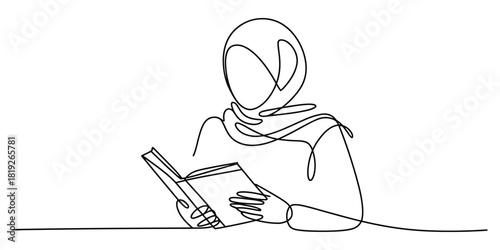 Muslim woman reading book, single continuous line art drawing