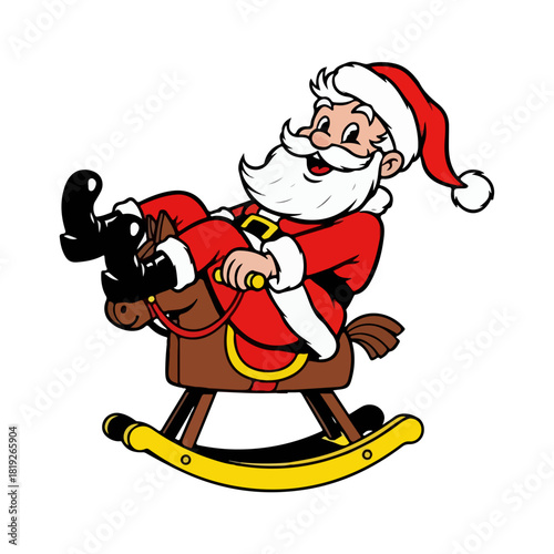 Vintage Santa Claus on Toy Rocking Horse Cartoon Illustration