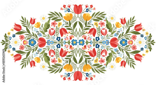 Symmetrical folk art floral arrangement in vibrant colors, featuring tulips, daisies, and blue flowers, set against a white background.