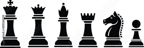 Chess piece silhouettes, black icons, strategic game, king queen rook, bishop knight pawn, minimal design, board game symbols, classic set