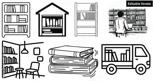 Library and Books Line Art Vector Illustration Set with Editable Stroke – Bookshelves, Reading Room, Librarian, Book Truck, and Stack of Books Graphics Collection