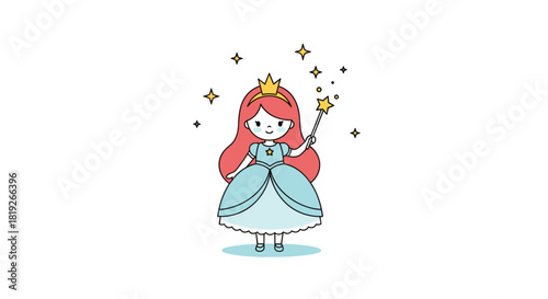 A sweet cartoon princess with red hair and a blue dress holds a magic wand, surrounded by golden sparkles, ready to cast a spell.