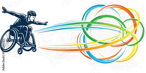 A person in a wheelchair with outstretched arms surrounded by colorful motion lines on a white background with a dynamic and inclusive mood.