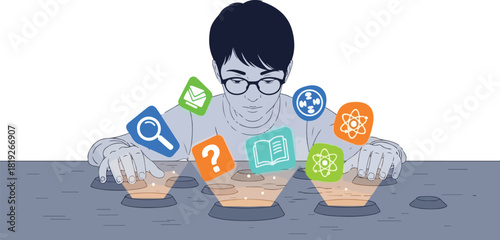 Illustration of a man sitting at a table with bowls and icons representing different social media and communication concepts.