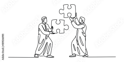 Two figures assembling puzzle pieces, business teamwork concept