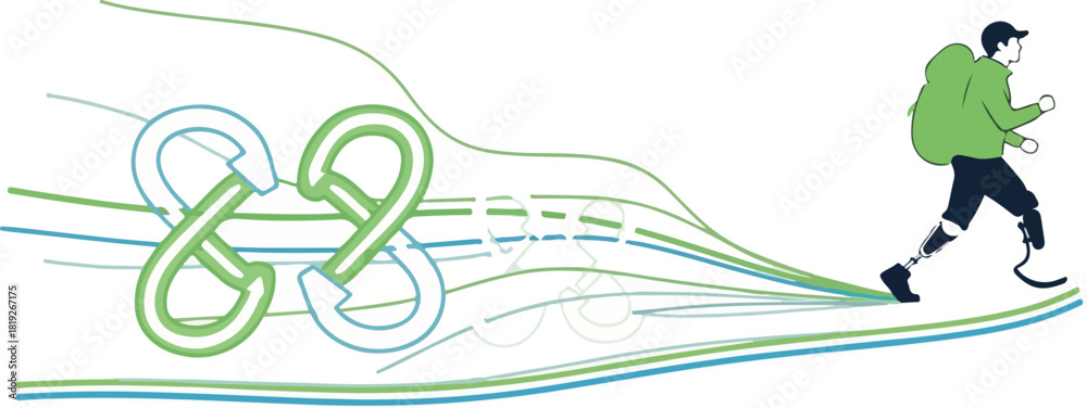 Naklejka premium A man in a green jacket running with a stylized infinity loop and colorful lines trailing behind him on a white background.