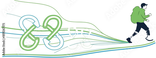 A man in a green jacket running with a stylized infinity loop and colorful lines trailing behind him on a white background.