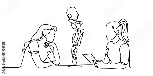 Continuous line drawing of two women having a business discussion