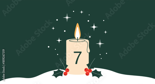 A festive Advent candle, marked with the number seven, glows warmly amidst sparkling stars and snow, adorned with holly, evoking the spirit of Christmas.