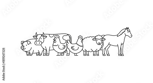 Linear farm animals parade in monochrome vector style for kids and illustrations