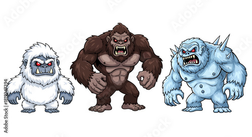 Menacing Monsters: A Cartoonish Depiction of a Yeti a Gorilla and a Spiked Beast