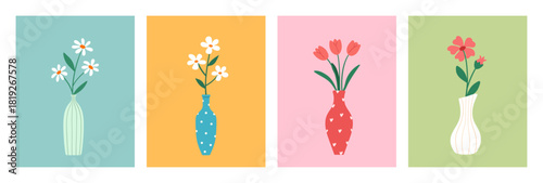 Spring and summer set of minimalist flower cards in vases