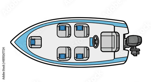 Overhead view illustration of a simple recreational boat equipped with seating and motor
