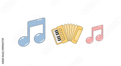Pastel musical arrangement featuring accordion and notes creates a whimsical ambiance
